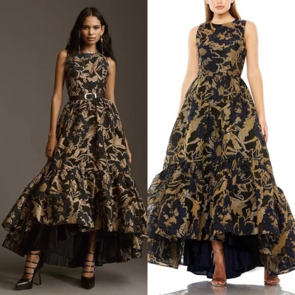 NWT | Mac Duggal Women's Brocade High-Low Gown Midnight Blue and Gold Sz 12 - Picture 1 of 5